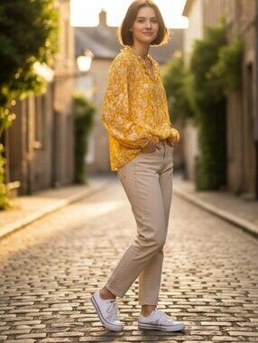 A LOVE STORY Sheer Golden Yellow Floral Relaxed Fit Ruffle-Neck Tie Front Top LG